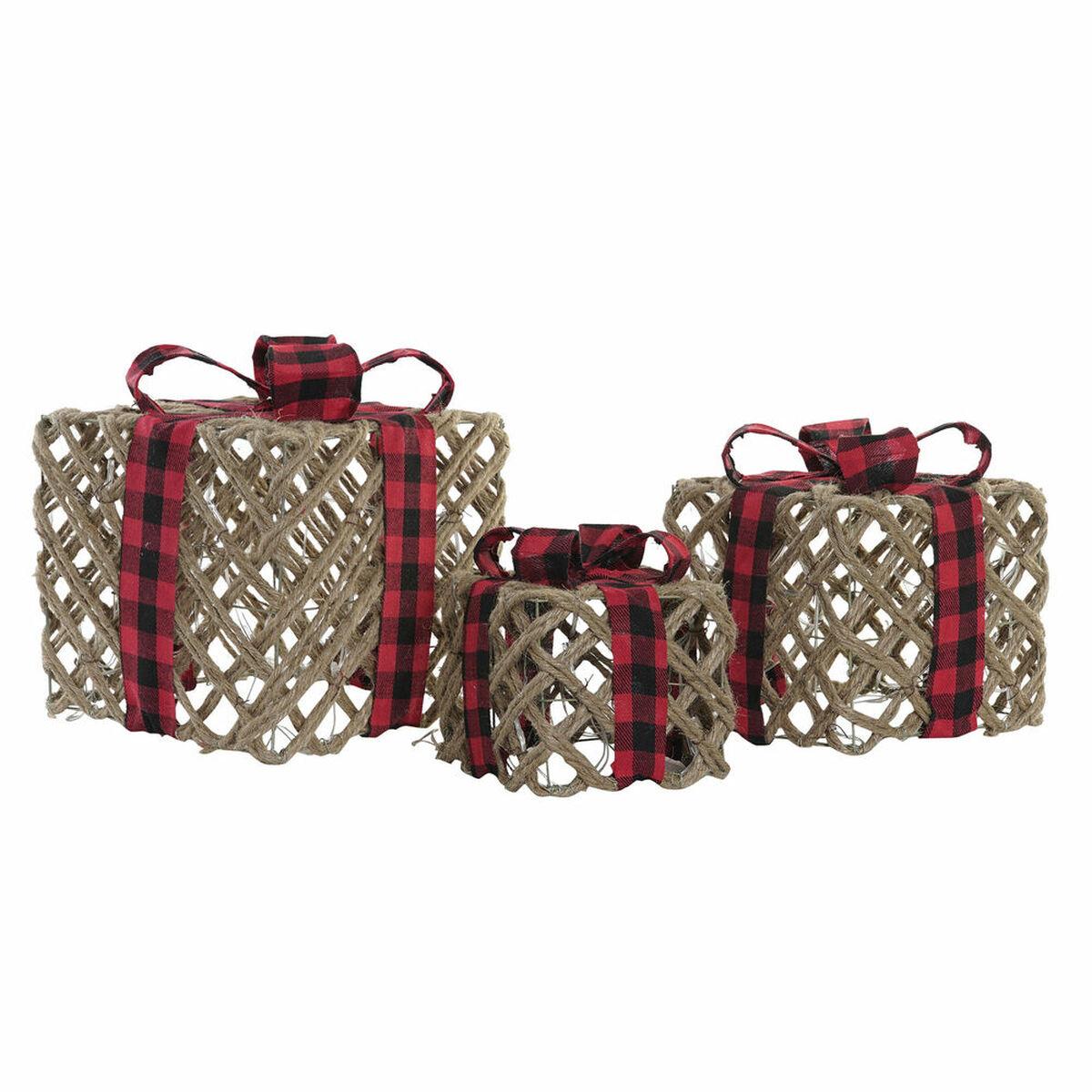 Caja De Regalo DKD Home Decor Negro Rojo Natural Yute Tartán 26 x 26 x 31 cm (3 Piezas)