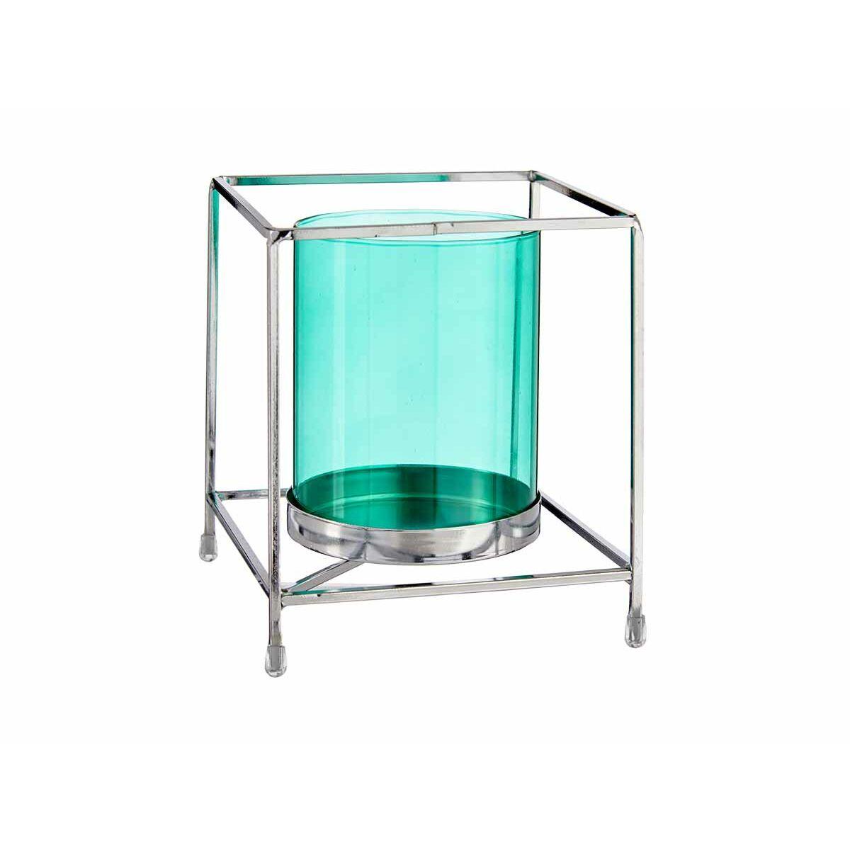 Portavelas Cuadrado Plateado Azul 14 x 15,5 x 14 cm Metal Vidrio
