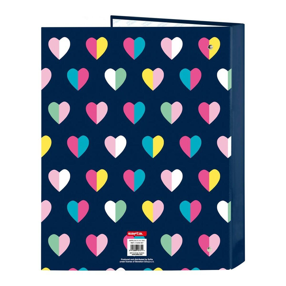 Carpeta de anillas Benetton Corazones Azul marino A4 (26.5 x 33 x 4 cm) (25 mm)