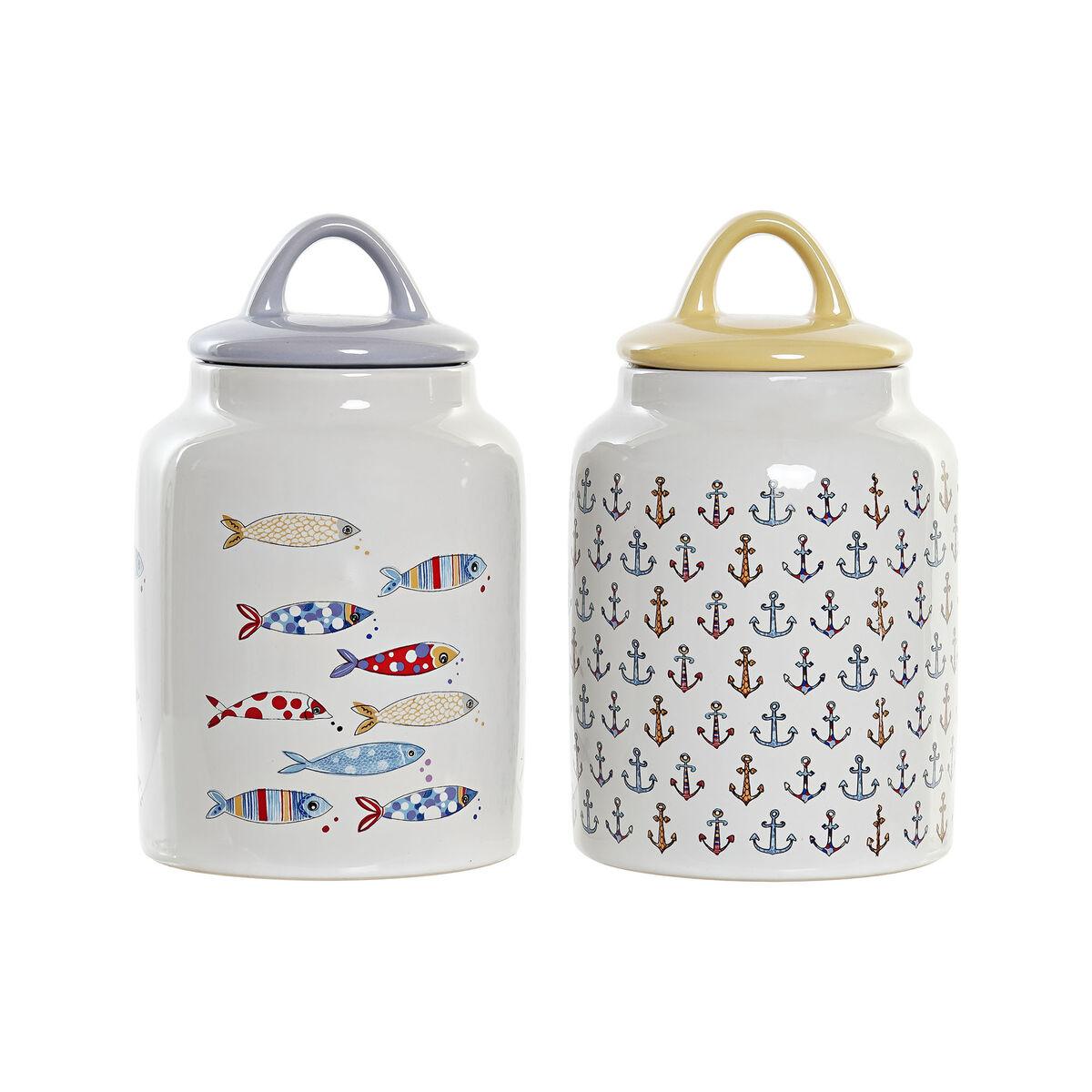 Bote DKD Home Decor Blanco Multicolor Gres Mediterráneo (2 Unidades)