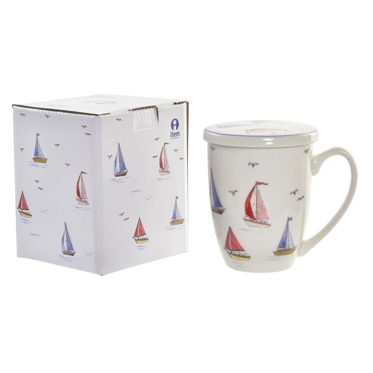 Taza con Filtro para Infusiones DKD Home Decor Azul Blanco Rojo Veleros Velero Mediterráneo 380 ml (1 unidad)