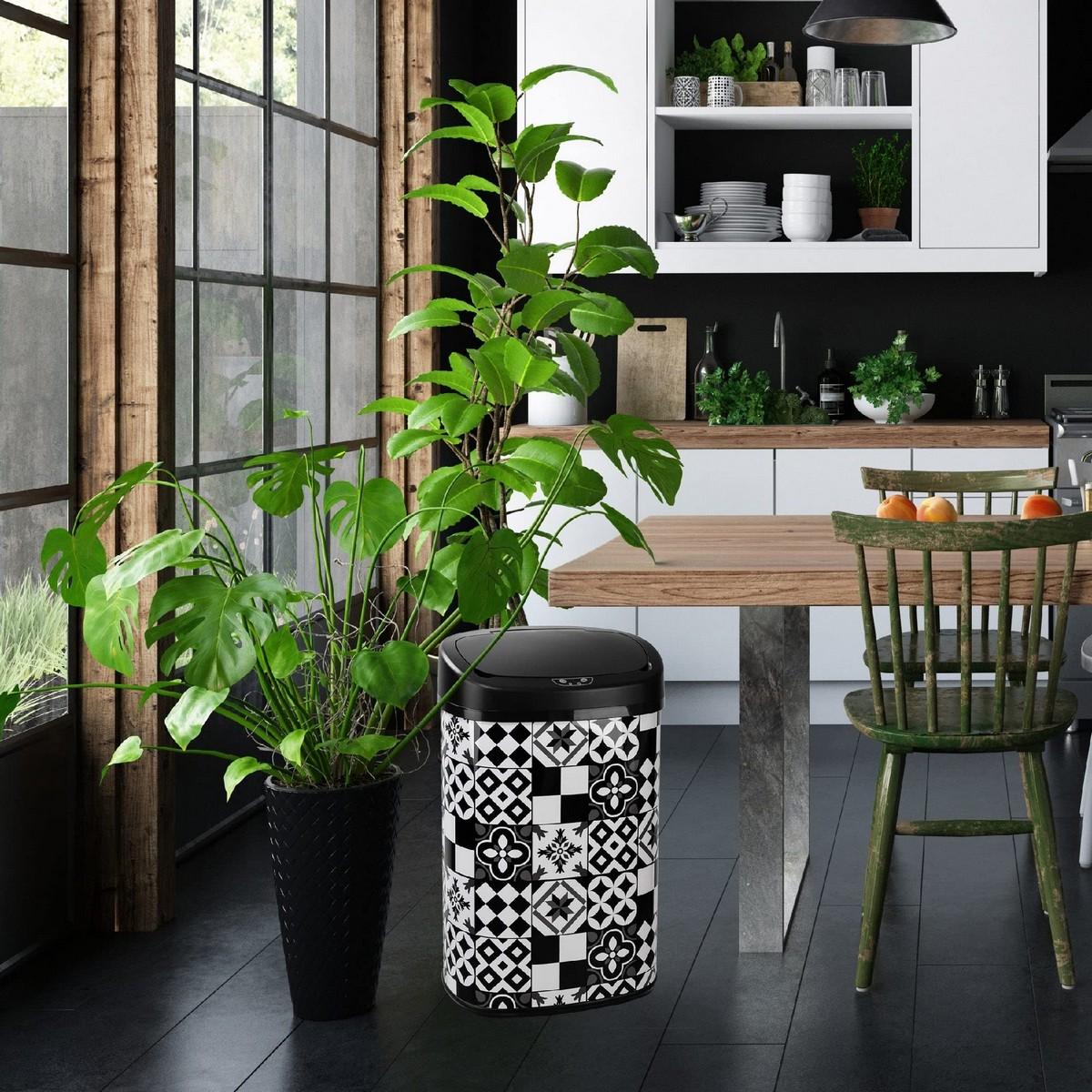 Cubo de basura Kitchen Move Automático Blanco Negro Azulejo Acero Inoxidable Blanco/Negro 58 L