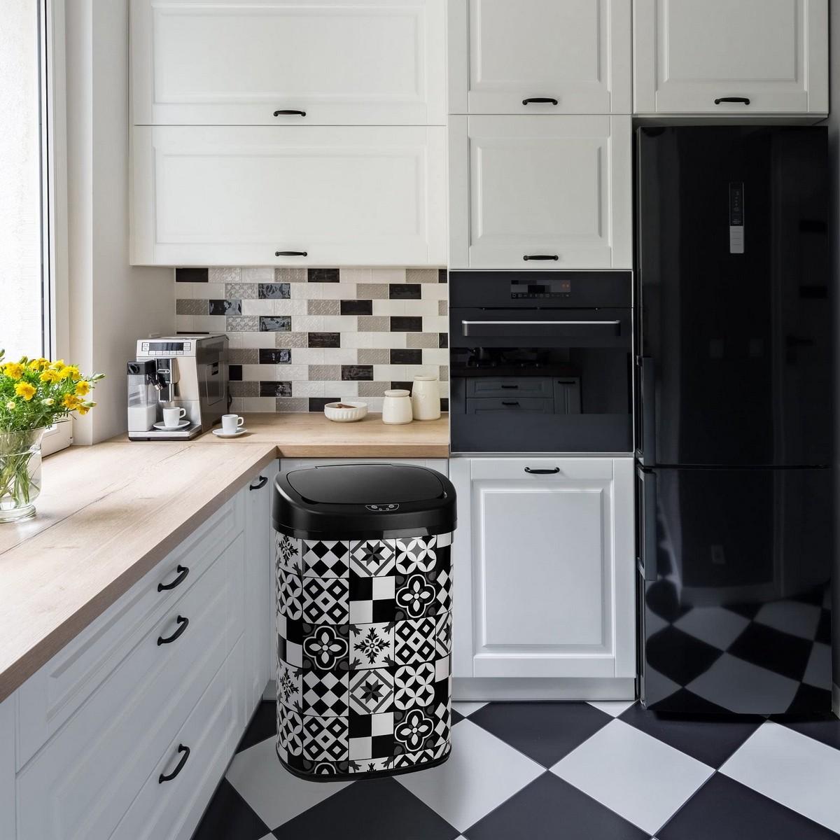 Cubo de basura Kitchen Move Automático Blanco Negro Azulejo Acero Inoxidable Blanco/Negro 58 L