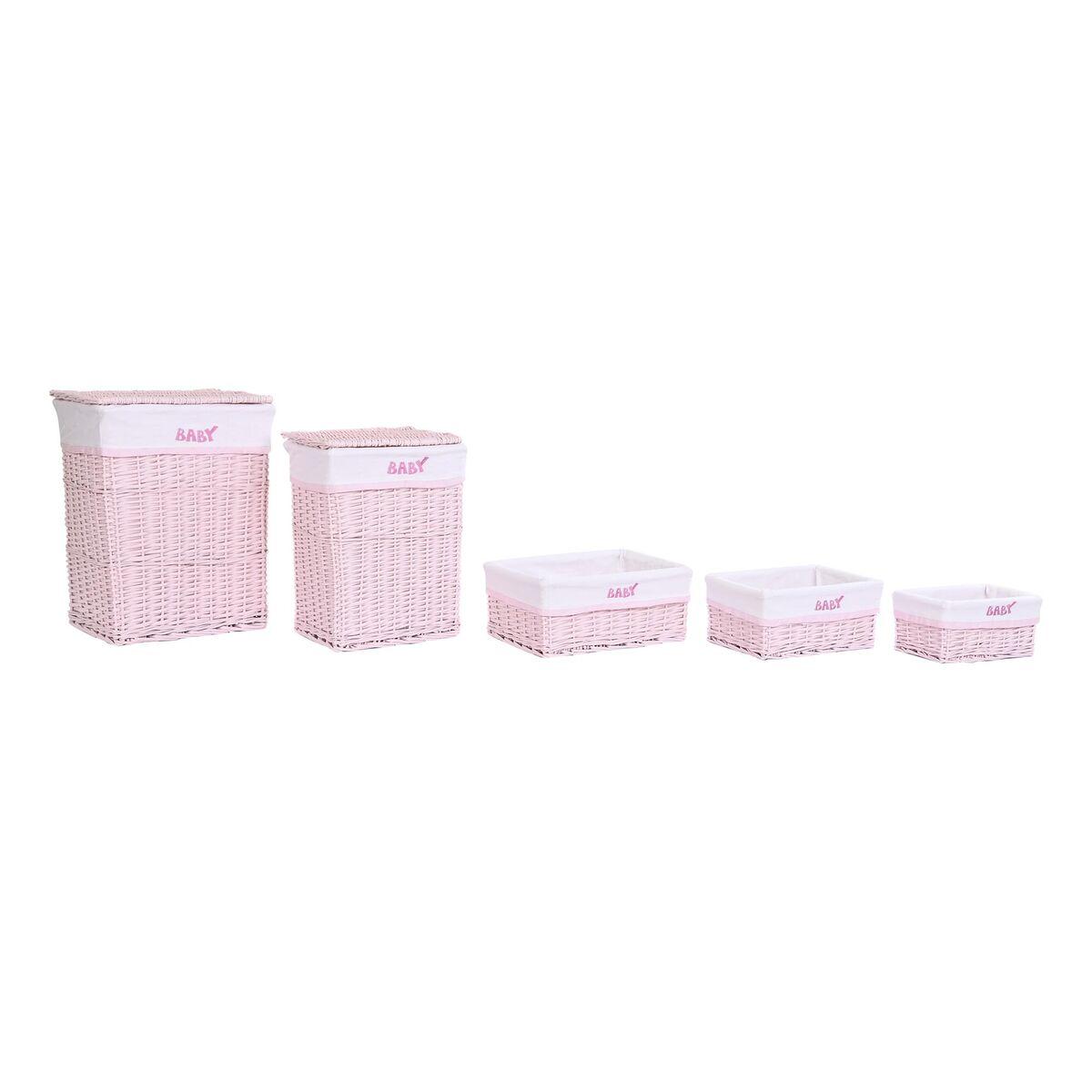 Cesto para la Ropa DKD Home Decor Rosa Mimbre Infantil 44 x 34 x 56 cm 5 Piezas