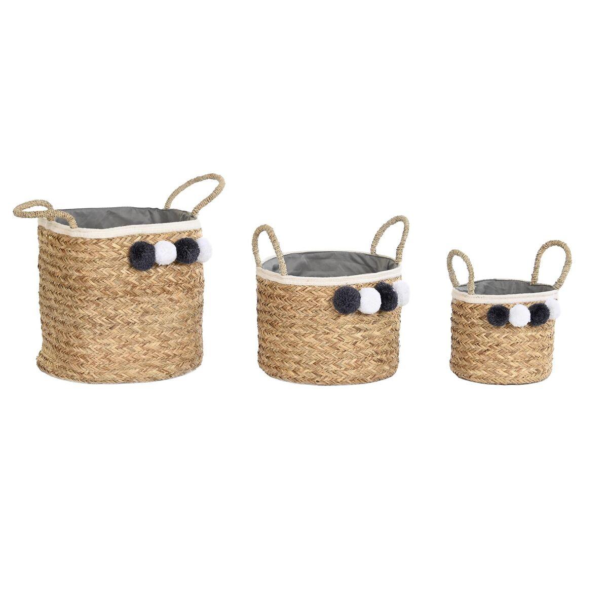 Juego de Cestas DKD Home Decor Fibra natural Pompones 40 x 40 x 35 cm 41 x 37 x 36 cm