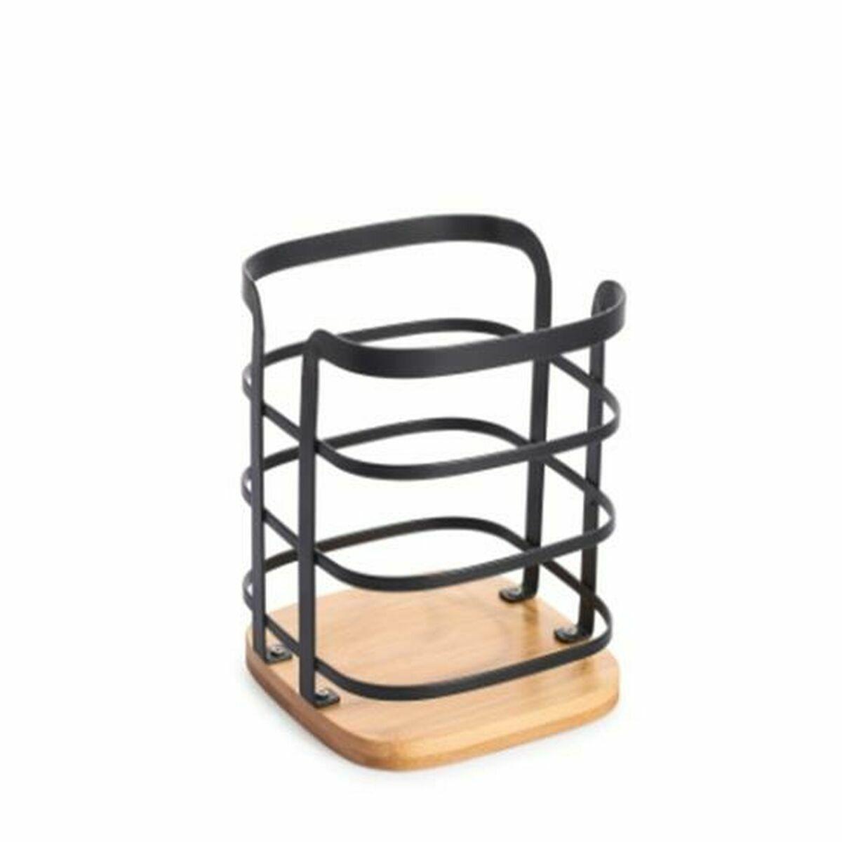 Cesto para cubiertos DKD Home Decor Negro Natural Bambú Acero 12 x 12 x 14,5 cm