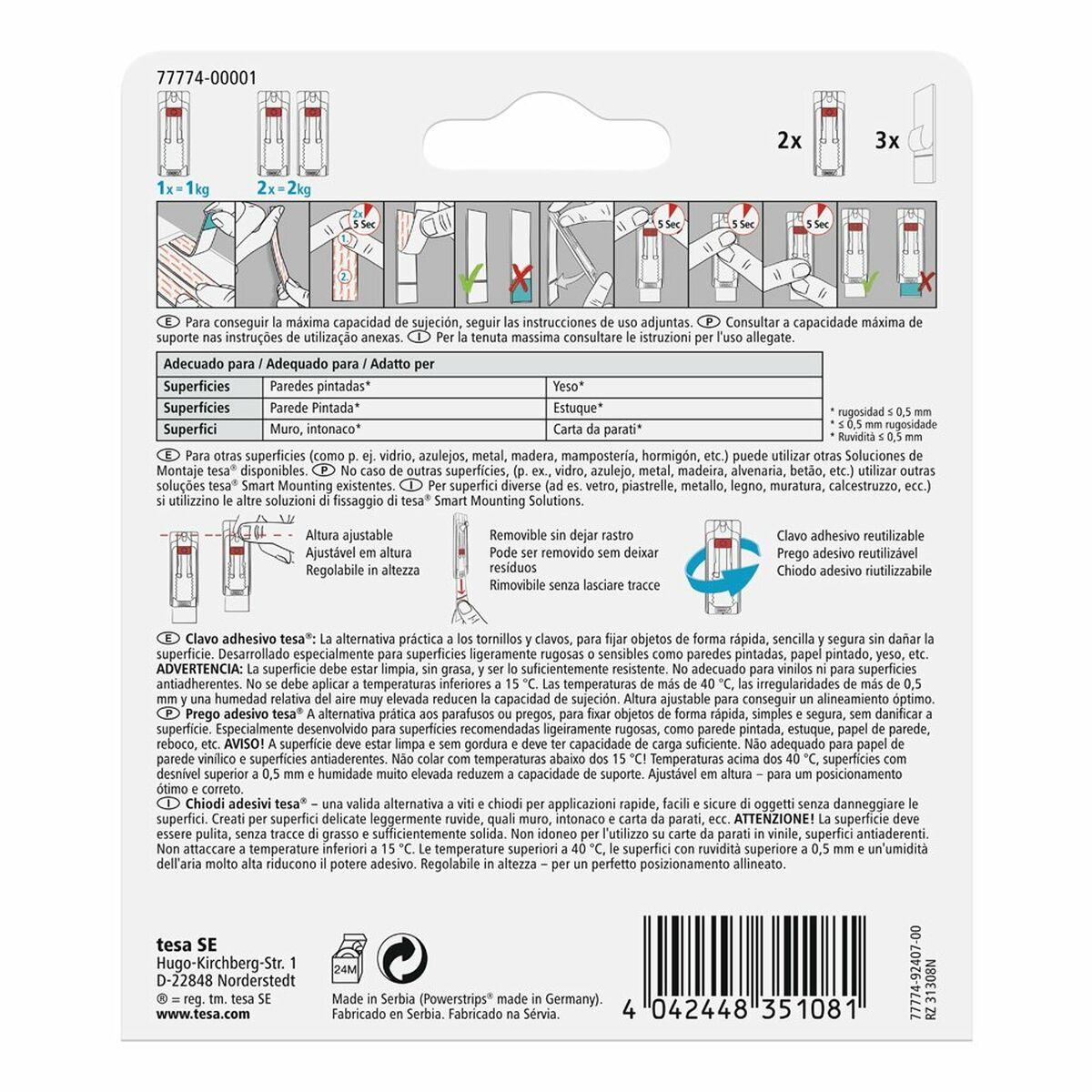 Soporte de Pared TESA 77774 1 kg Adhesivo Clavos Blanco
