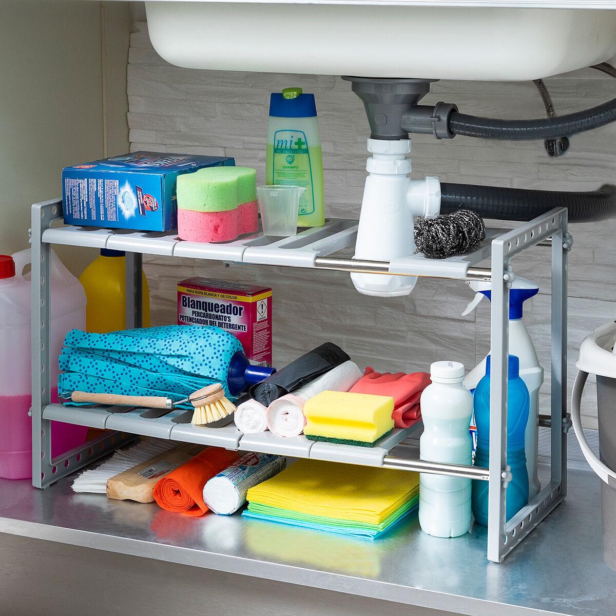 InnovaGoods® Estantería extensible para fregadero Shibblek 2 estantes, organiza los utensilios de cocina, diseño compacto y lige