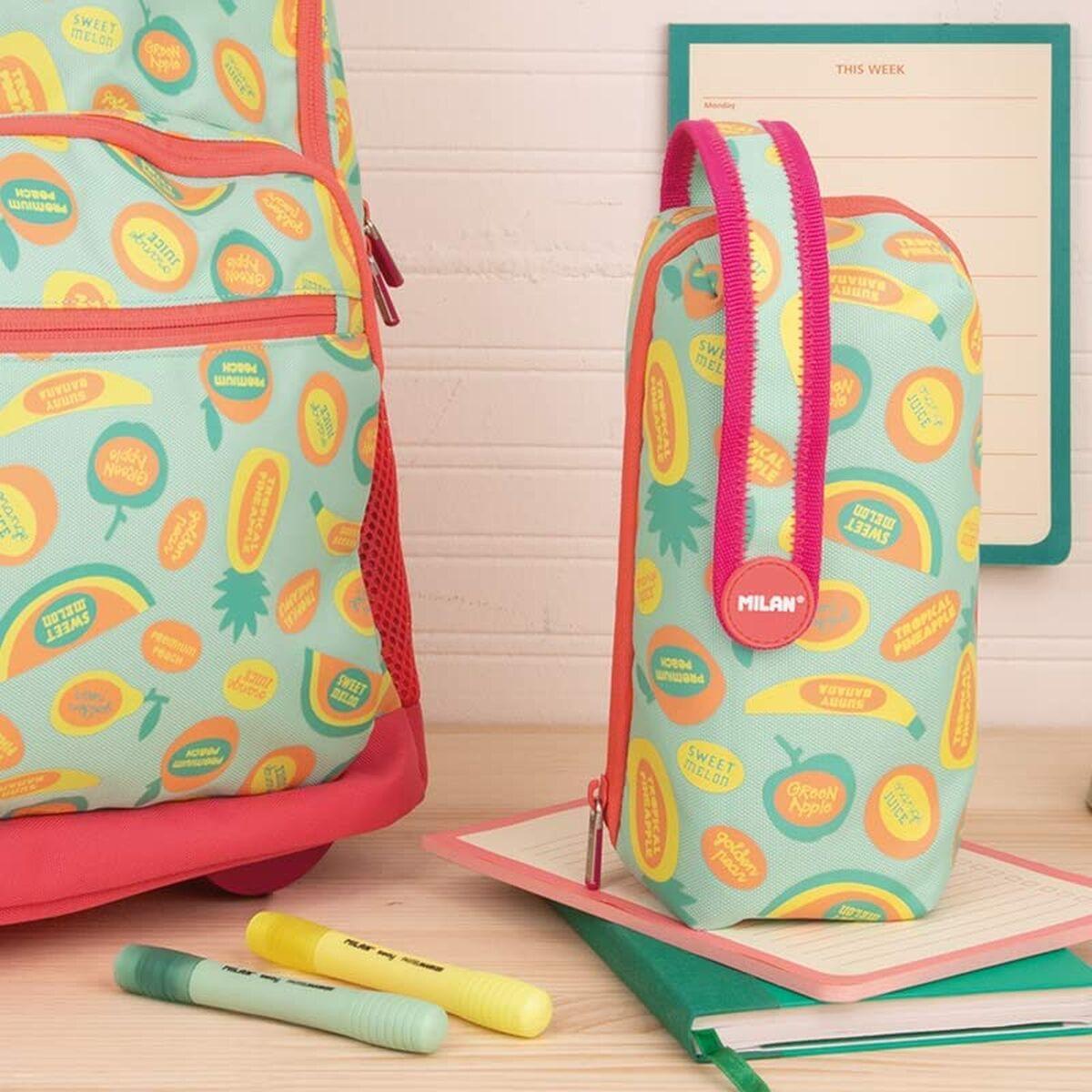 Estuche Escolar Milan Frutikis Accesorios 4 compartimentos Verde Naranja 22,5 x 11,5 x 11 cm