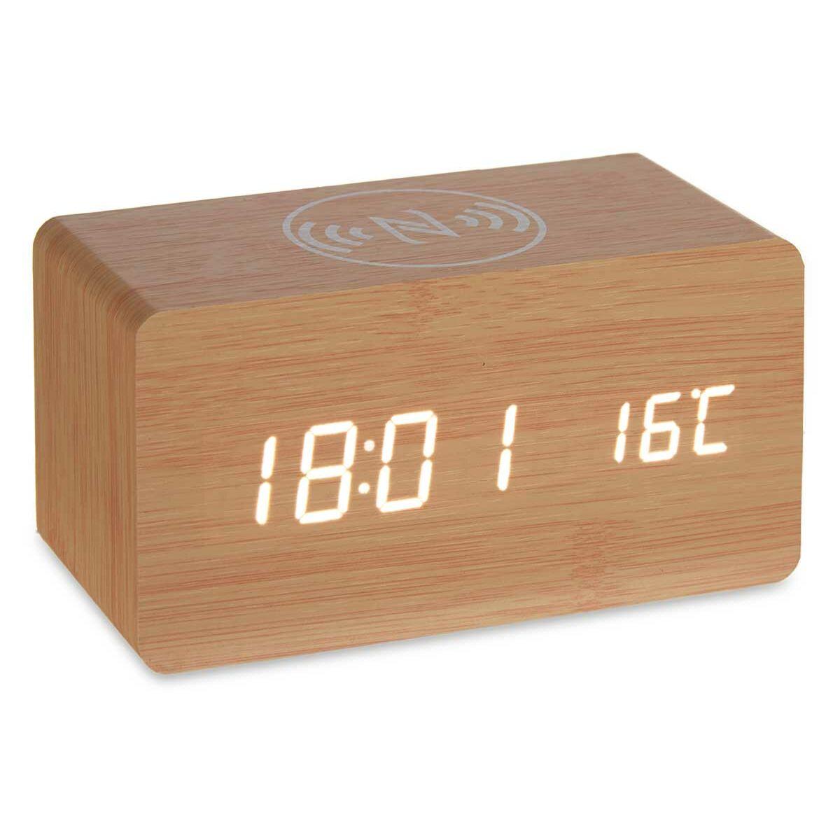 Reloj Despertador con Cargador Inalámbrico Marrón PVC Madera MDF 15 x 7,5 x 7 cm (12 Unidades)