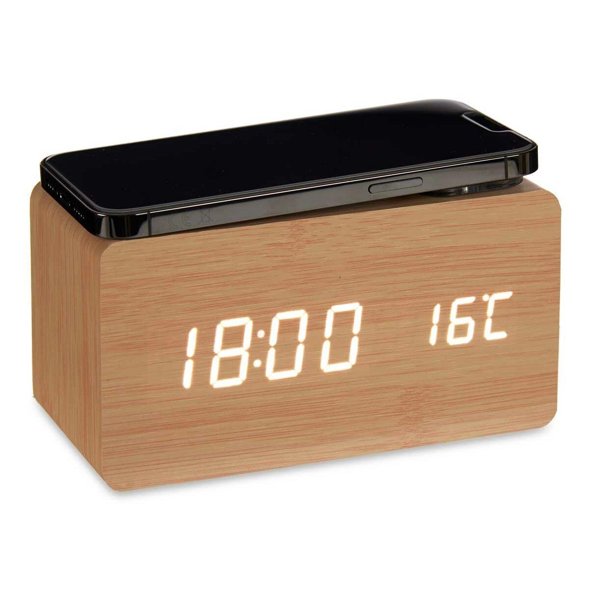 Reloj Despertador con Cargador Inalámbrico Marrón PVC Madera MDF 15 x 7,5 x 7 cm (12 Unidades)