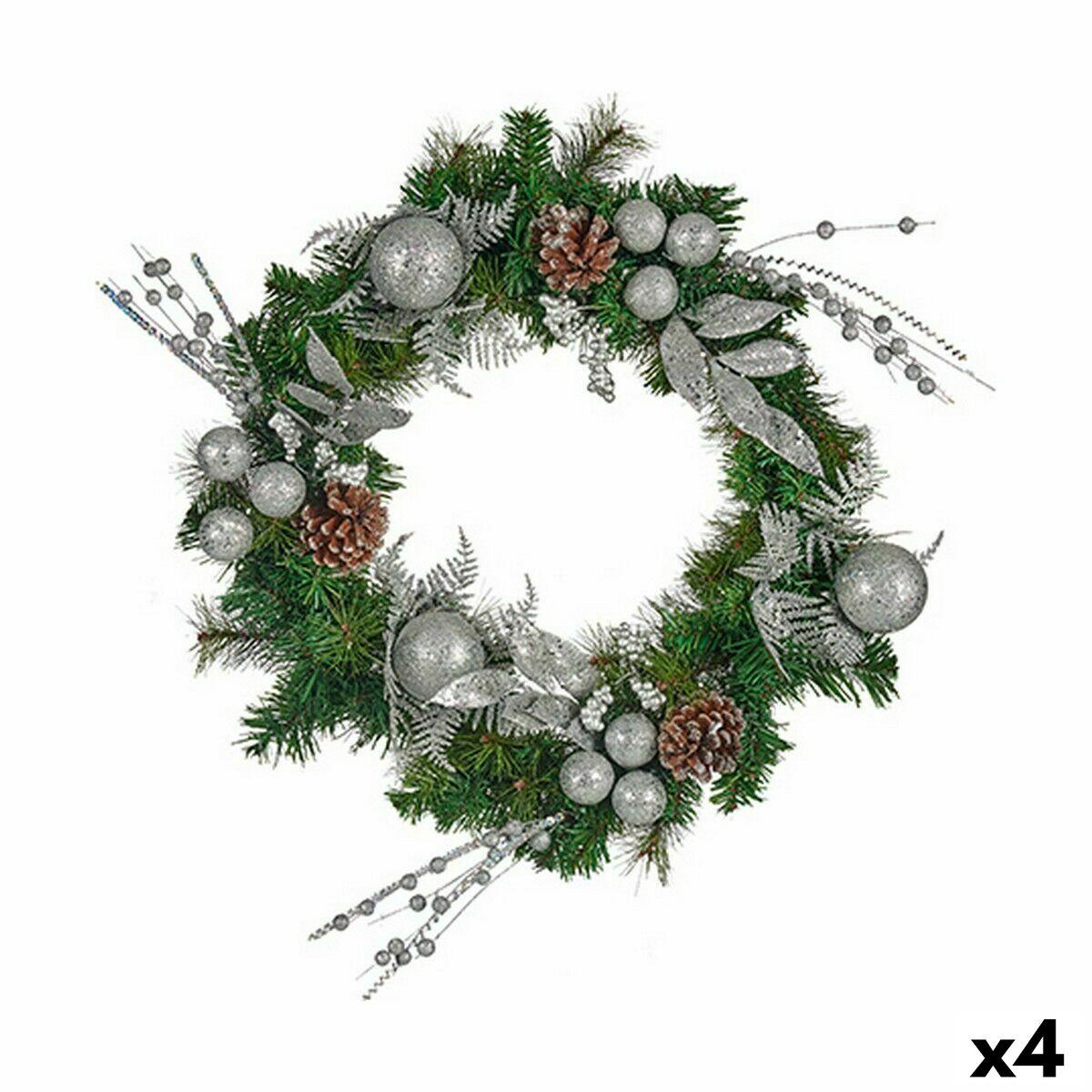 Corona de Navidad Verde Plateado 60 x 13 x 60 cm (4 Unidades)