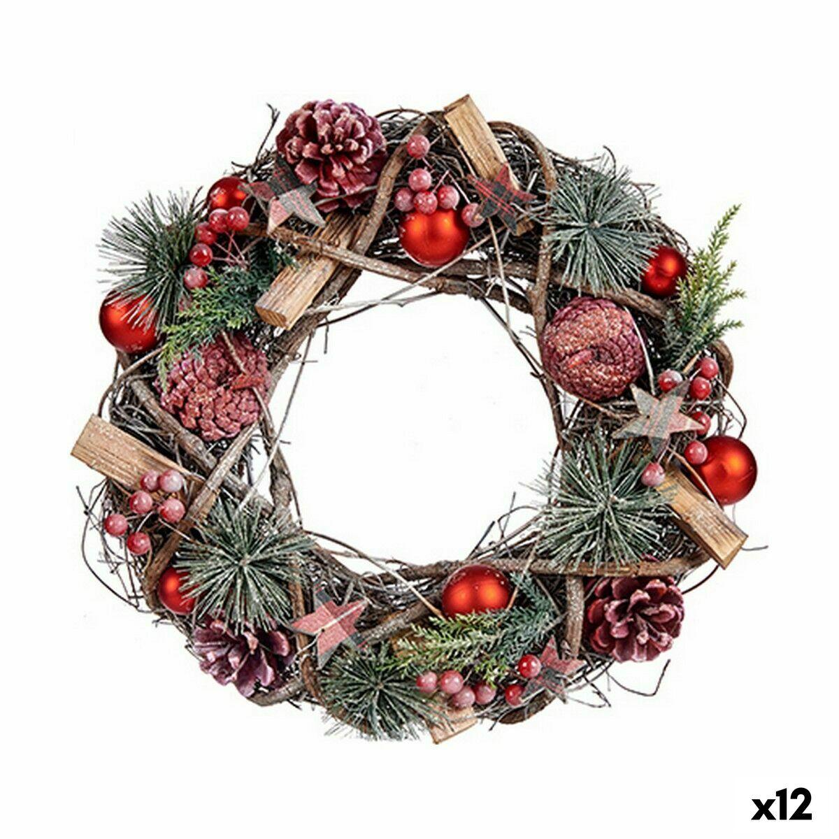 Corona de Navidad Rojo Verde Natural Madera Plástico 35 x 10 x 35 cm (12 Unidades)