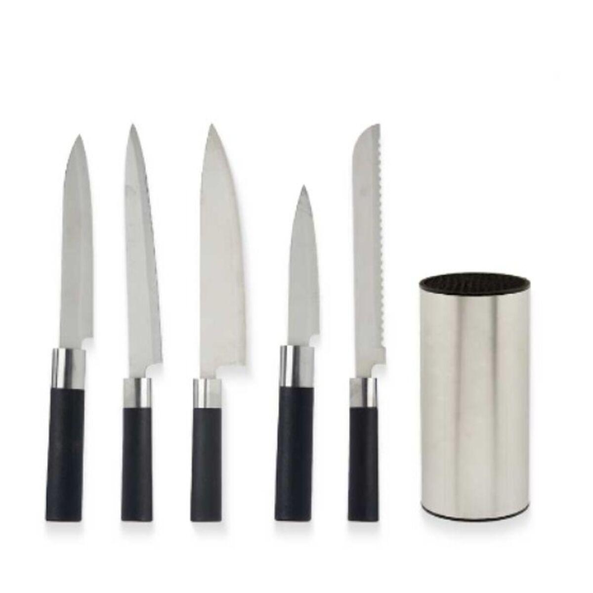 Juego de Cuchillos de Cocina y Soporte Negro Plateado Acero Inoxidable Polietileno Polipropileno ABS 11 x 35 x 11 cm (6 Unidades