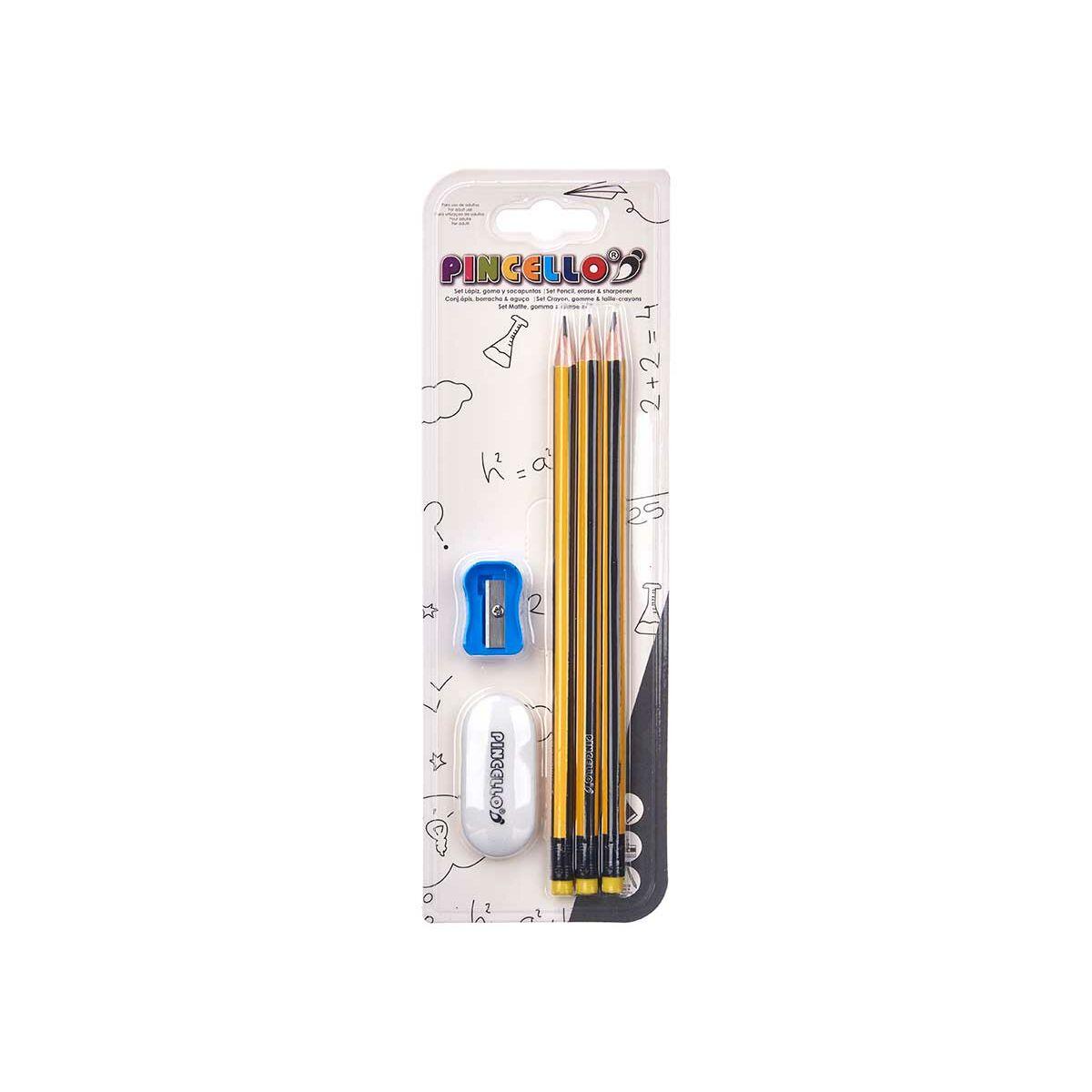 Set de Lápices Pincello 476 Amarillo Rojo Verde Sacapuntas Goma de borrar (12 Unidades)