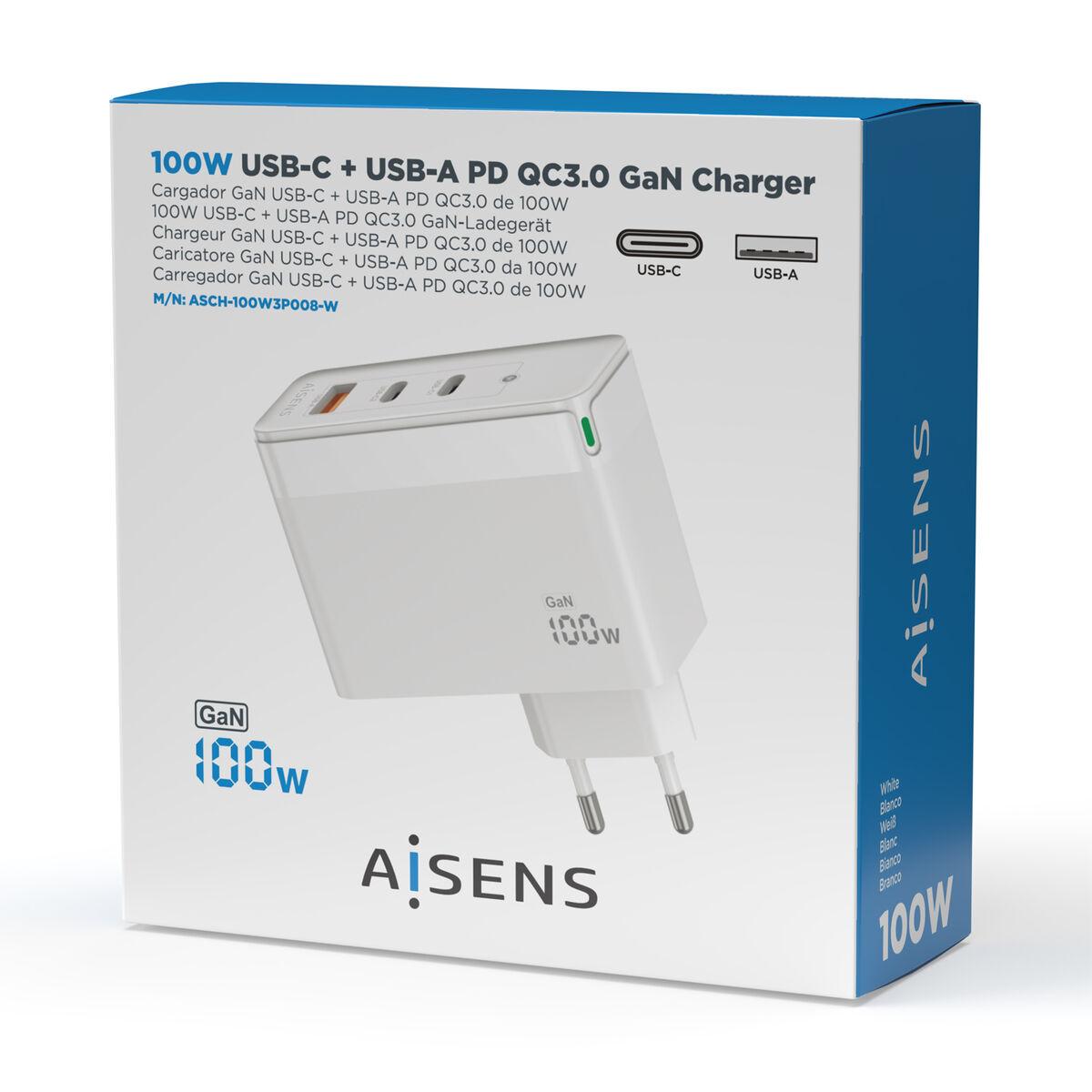 Cargador de Pared Aisens GAN ASCH-100W3P008-W Blanco 100 W
