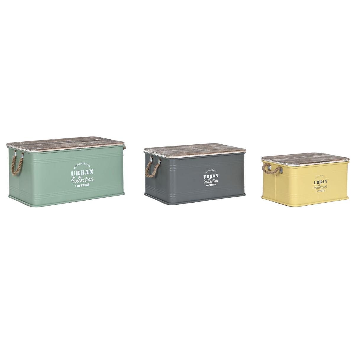 Arcón Home ESPRIT Amarillo Verde Gris Marrón oscuro Menta Metal Madera de Paulonia Vintage 60 x 38 x 32,5 cm 60 X 38 X 33 cm (3 