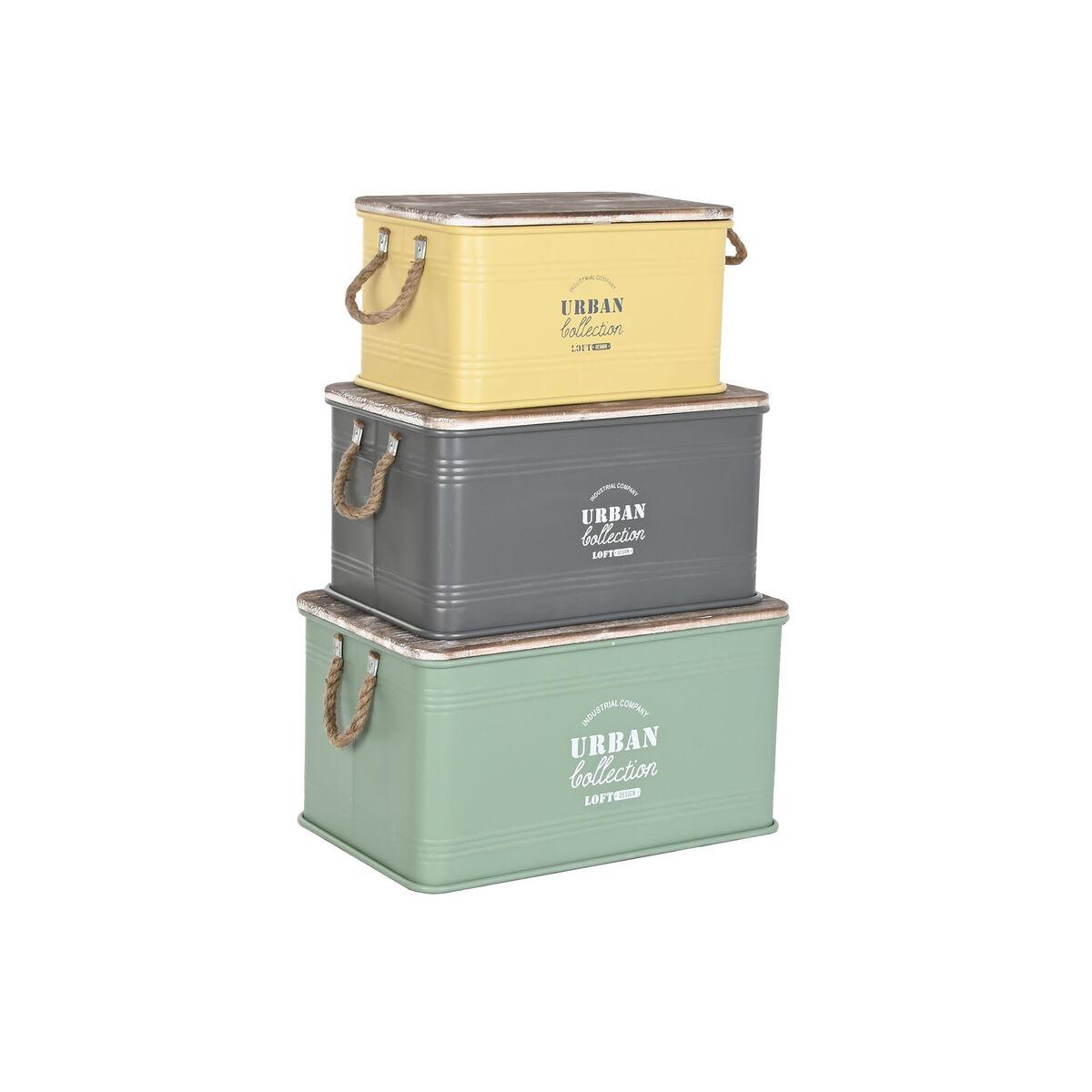 Arcón Home ESPRIT Amarillo Verde Gris Marrón oscuro Menta Metal Madera de Paulonia Vintage 60 x 38 x 32,5 cm 60 X 38 X 33 cm (3 