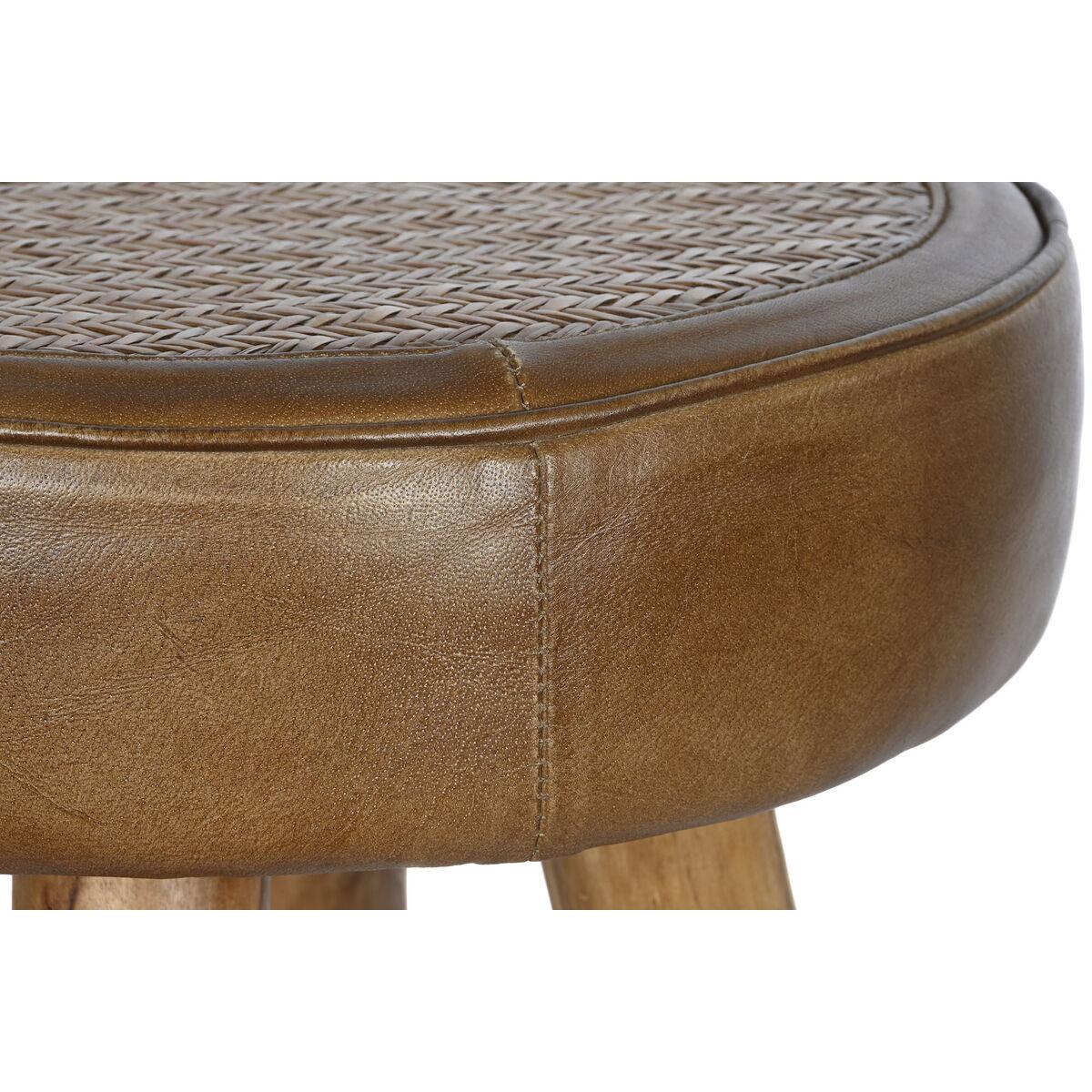 Taburete Home ESPRIT Marrón Camel Piel Madera Ratán 42 x 42 x 76 cm