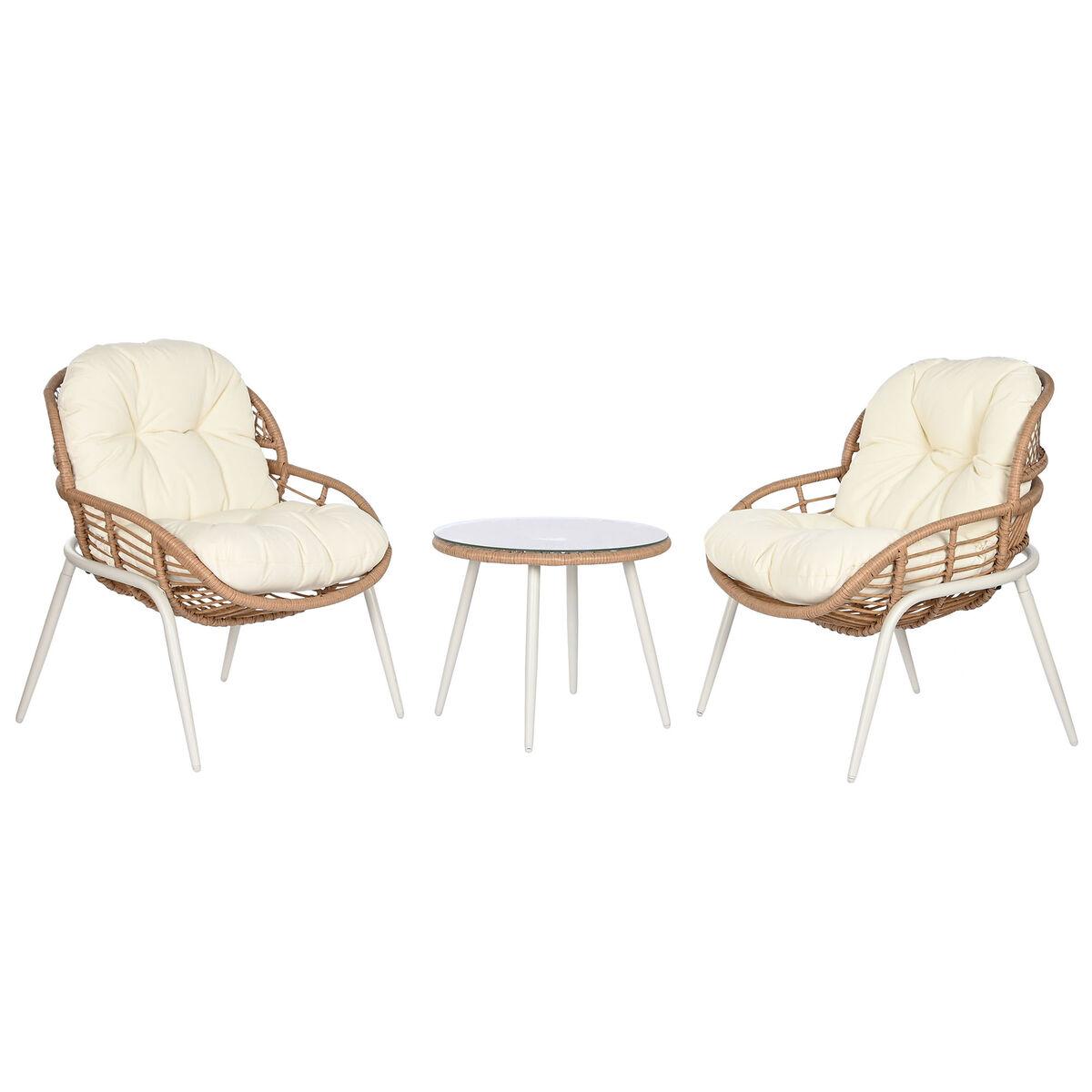 Conjunto de Mesa con 2 Sillones Home ESPRIT Blanco Beige Gris Natural 55 x 55 x 47 cm