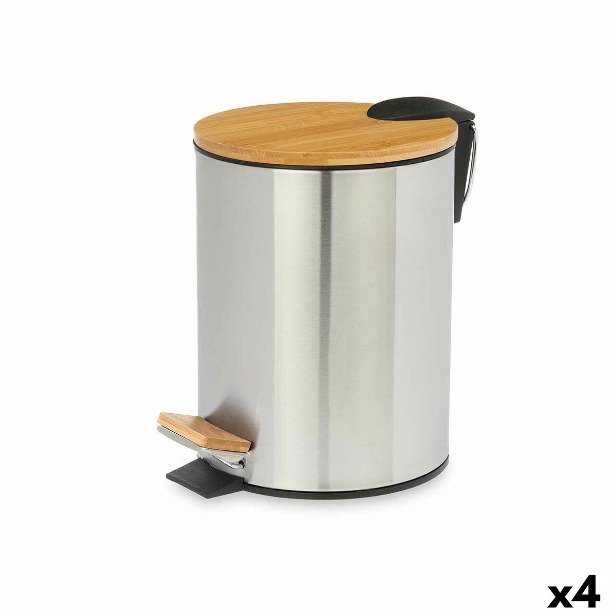 Papelera con Pedal Berilo B0353S-5L Marrón Plateado Bambú Acero Inoxidable 5 L (4 Unidades)