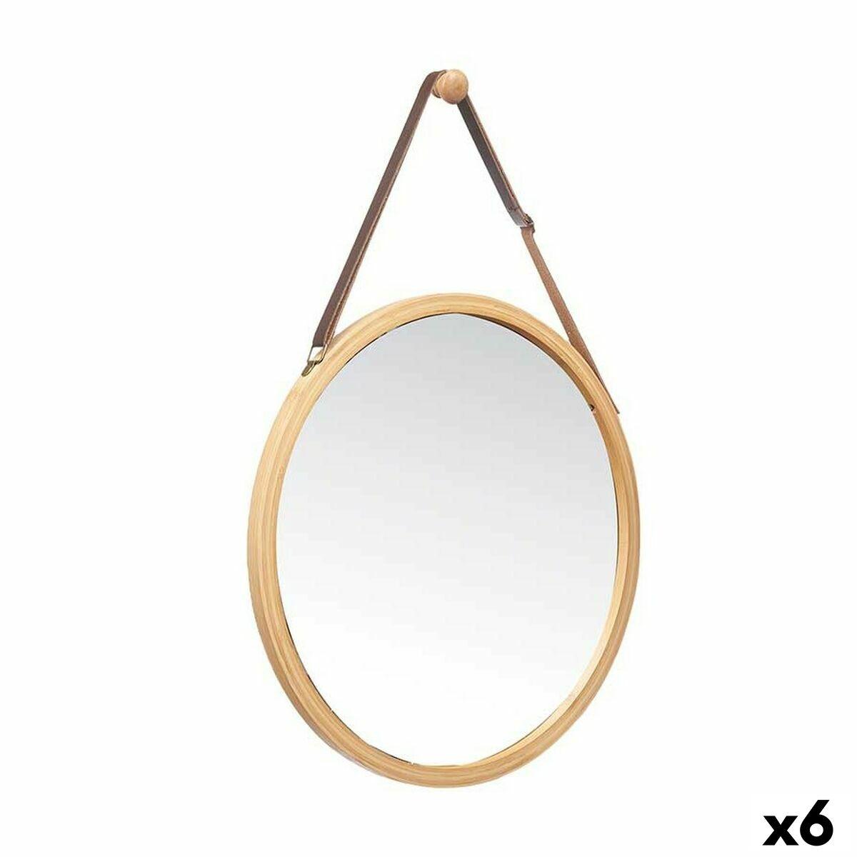 Espejo Colgante Natural Cuero Bambú Redondo 38 x 35 x 1,5 cm (6 Unidades)