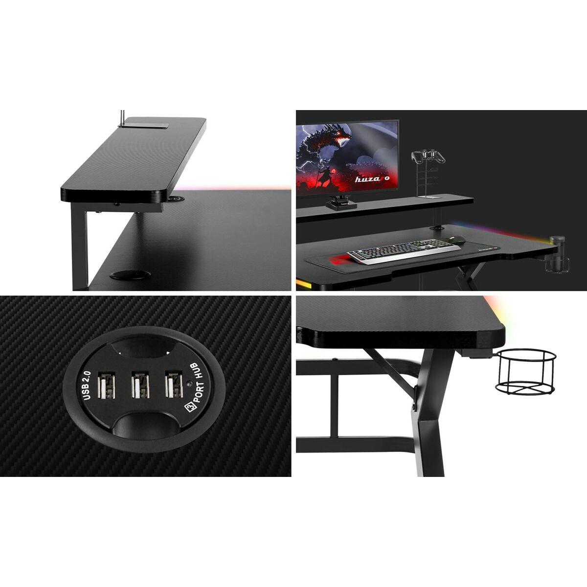 Mesa de Escritorio Gaming Huzaro HZ-Hero 5.0 RGB Negro Acero Fibra de carbono 116 x 69,5 x 59 cm