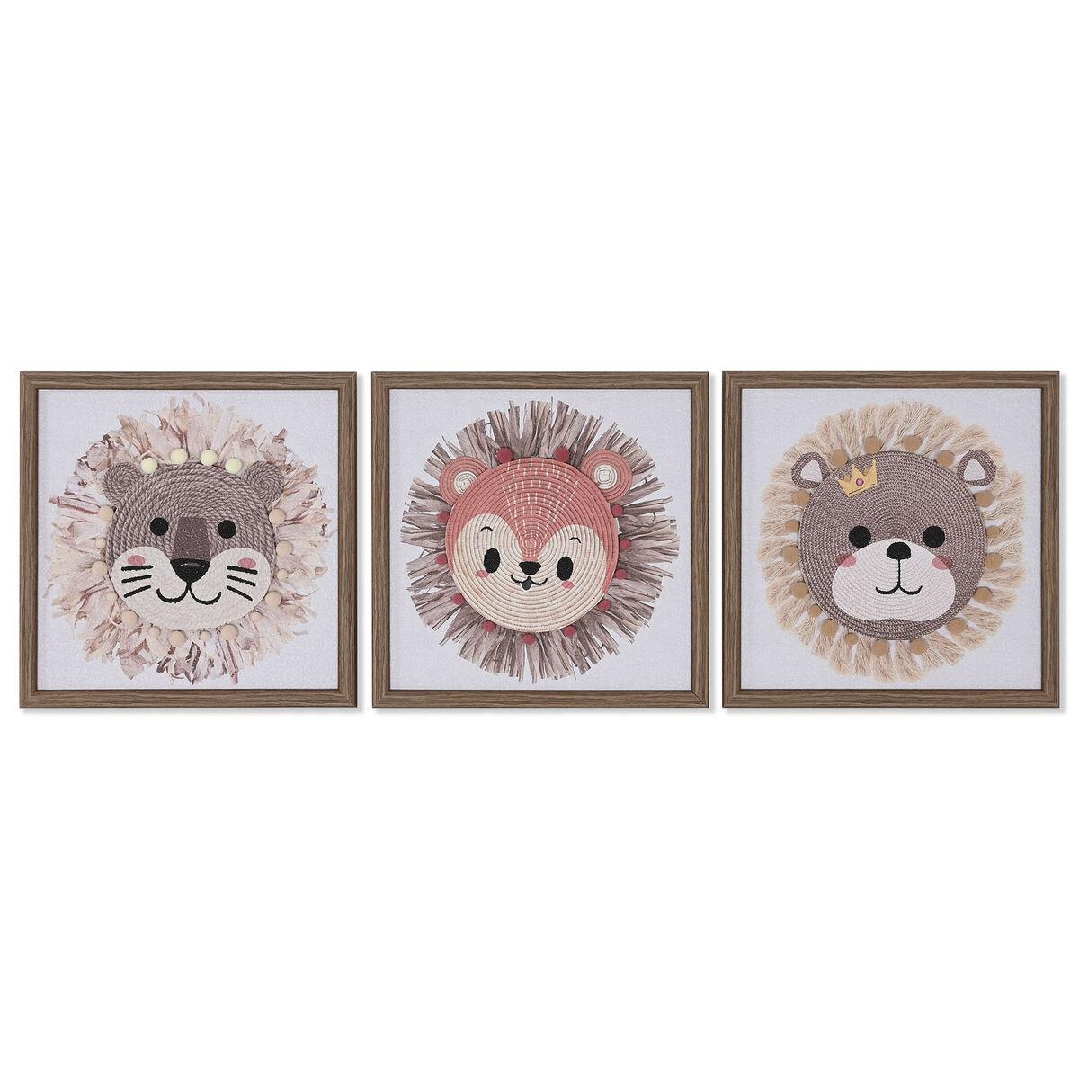 Lienzo Home ESPRIT Blanco Natural Infantil Animales 30 x 2,6 x 30 cm (3 Unidades)
