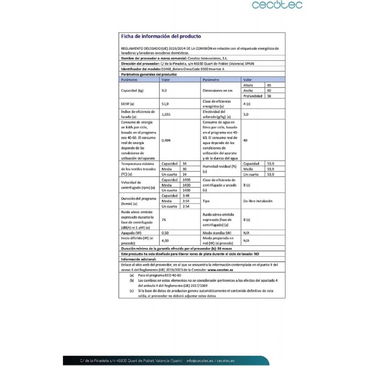 Cecotec Lavadoras de carga frontal Bolero DressCode 9500 Inverter A