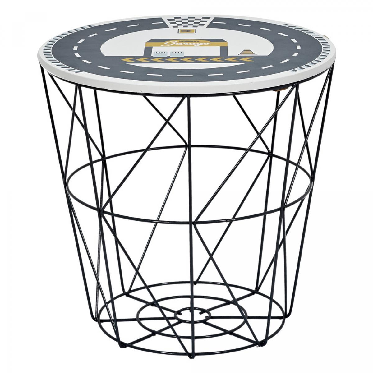 Cesta  mesa varilla circuito cesta de almacenaje convertible en mesita. de varilla de metal con tabla de madera decorada. medidas: d.30 cm; h.30 cm