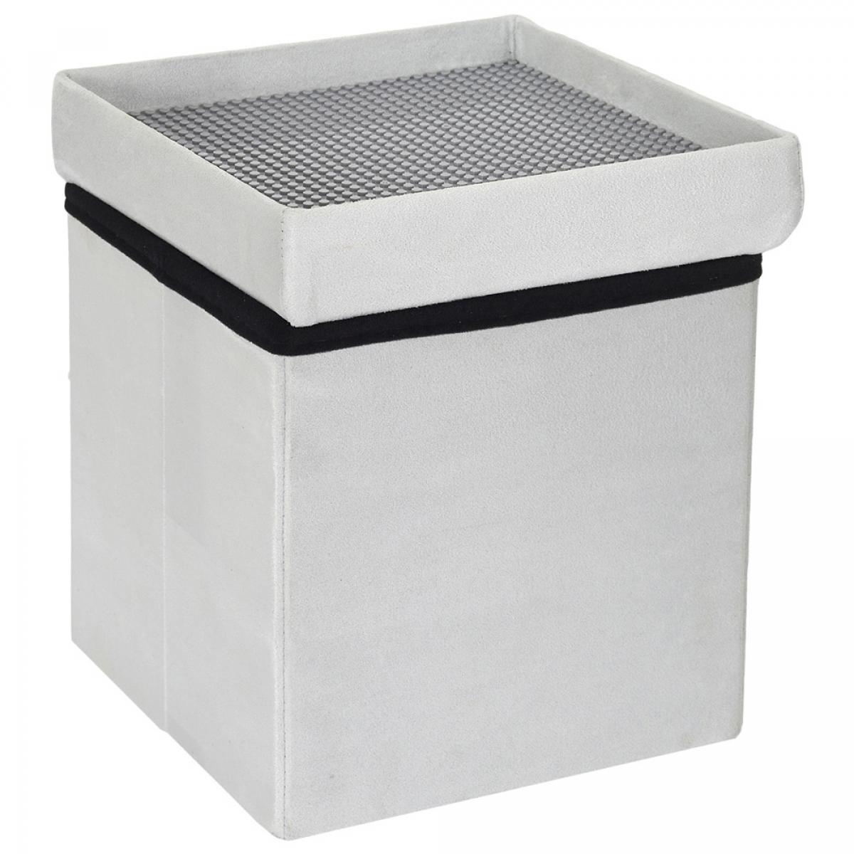 Caja puf plegable lego gris con un panel compatible con las piezas de lego. abre la tapa, voltéala, encájala y ya está lista para usarla como base de las conatrucciones de lego. de madera mdf, textil acolchado y plástico. medidas: 27x27 cm; h.30 cm