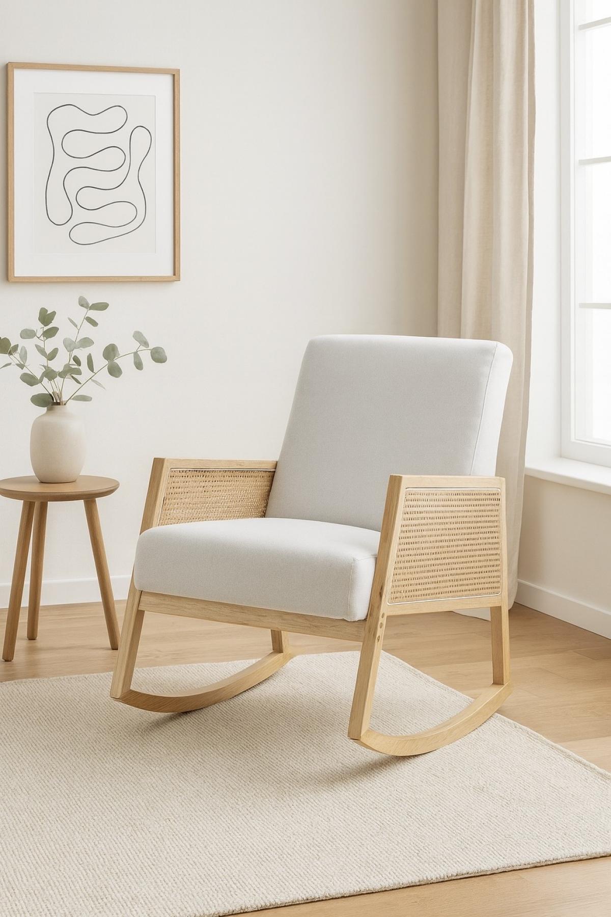 BUTACA MECEDORA VIKTORYA TELA BLANCA RATAN NATURAL