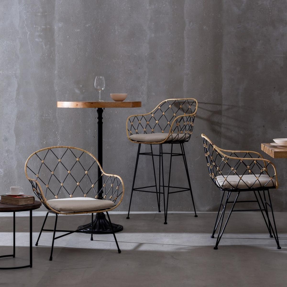 Silla natural-negro ratán-metal salón 55 x 50 x 82 cm
