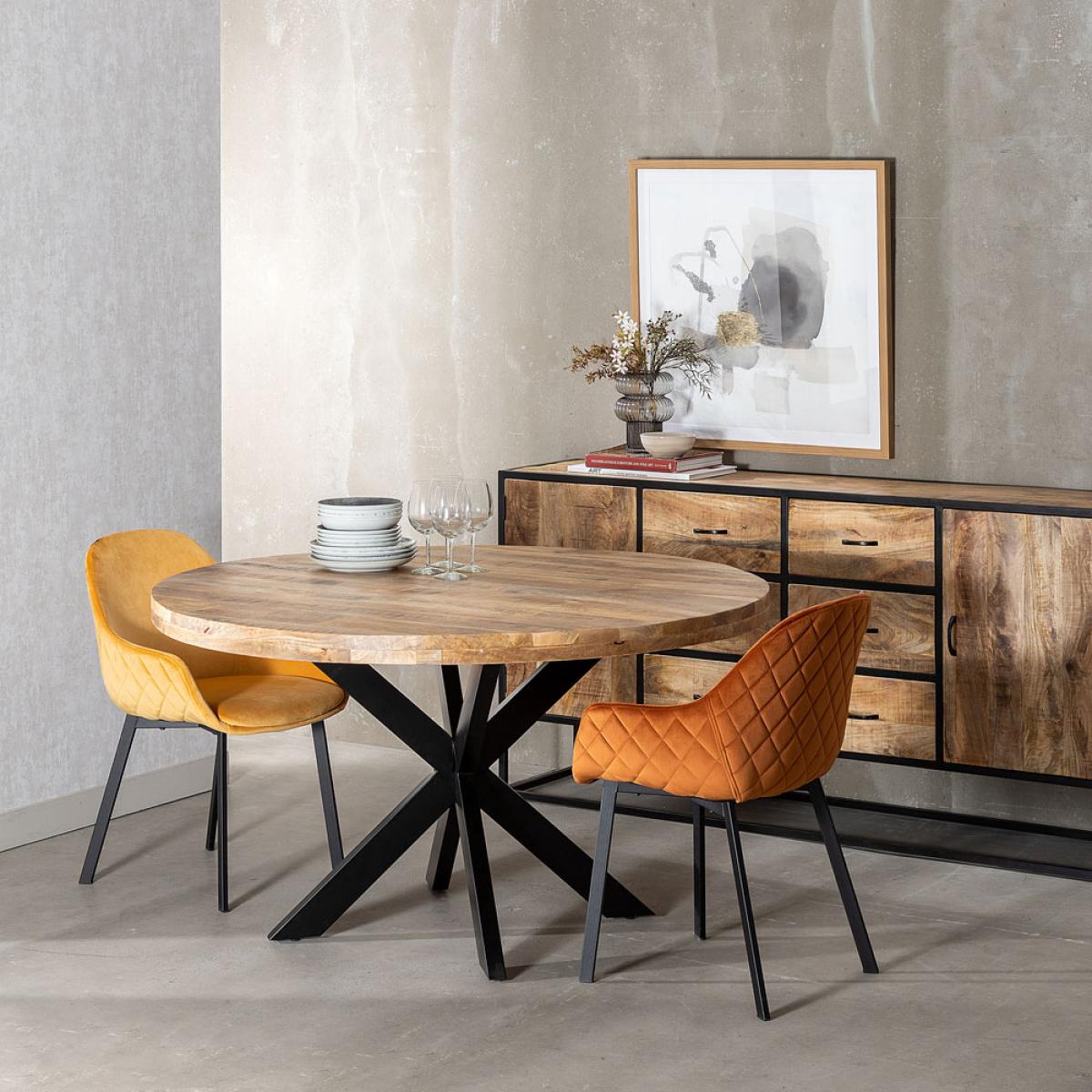 Mesa comedor natural-negro madera-hierro 140 x 140 x 77 cm