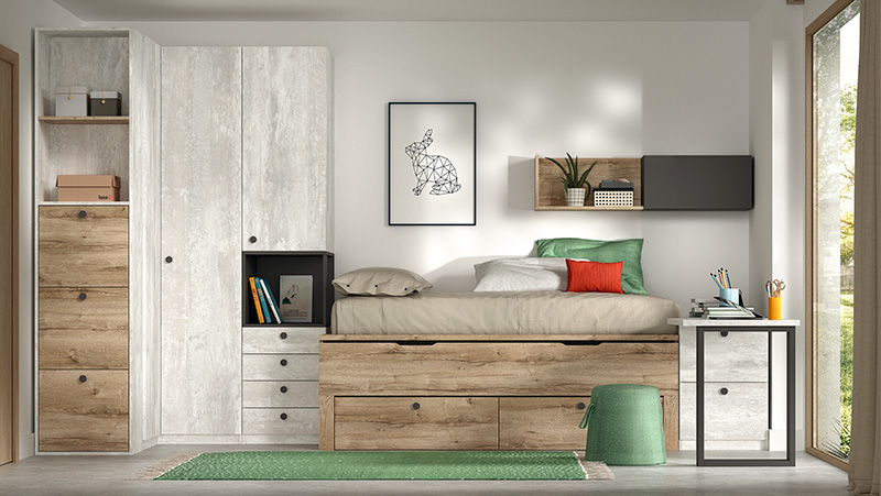 Dormitorio Juvenil con cama compacta, contenedores de almacenaje y  escritorio