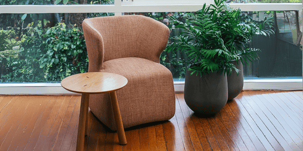 Rincón de lectura con butaca de diseño y plantas naturales, ideal para aplicar el interiorismo atemporal en muebles y generar calma en casa.