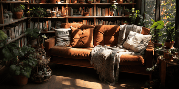 Rincón de lectura con sofá de terciopelo terracota, cojines decorativos, manta de punto y plantas alrededor, iluminado con luz natural, perfecto para relajarse y leer con estilo.