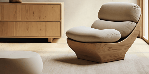 Butaca de diseño curvo en madera clara con cojines beige, acompañada de aparador minimalista y mesa auxiliar, en un salón sereno que transmite armonía visual y equilibrio en la distribución del mobiliario.