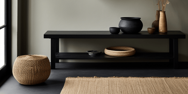 mesa negra minimalista con texturas marcadas, acompañada de puf de materiales naturales y una alfombra, en un recibido que transmite armonía visual,  equilibrio y serenidad en la distribución del mobiliario.