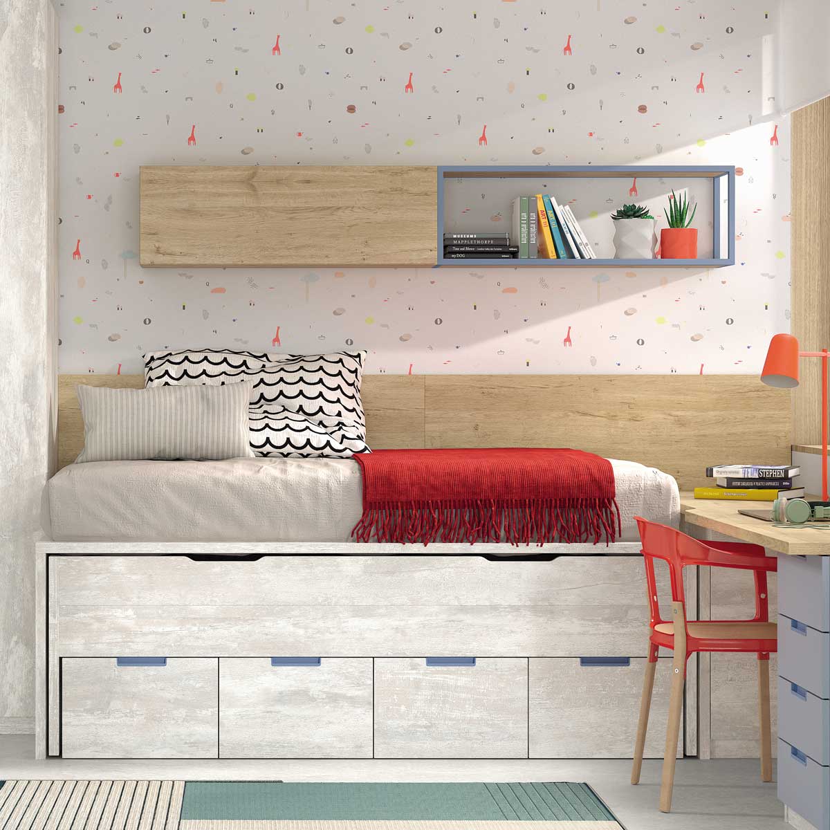 Dormitorio Juvenil con cama nido, contenedores, cajoneras