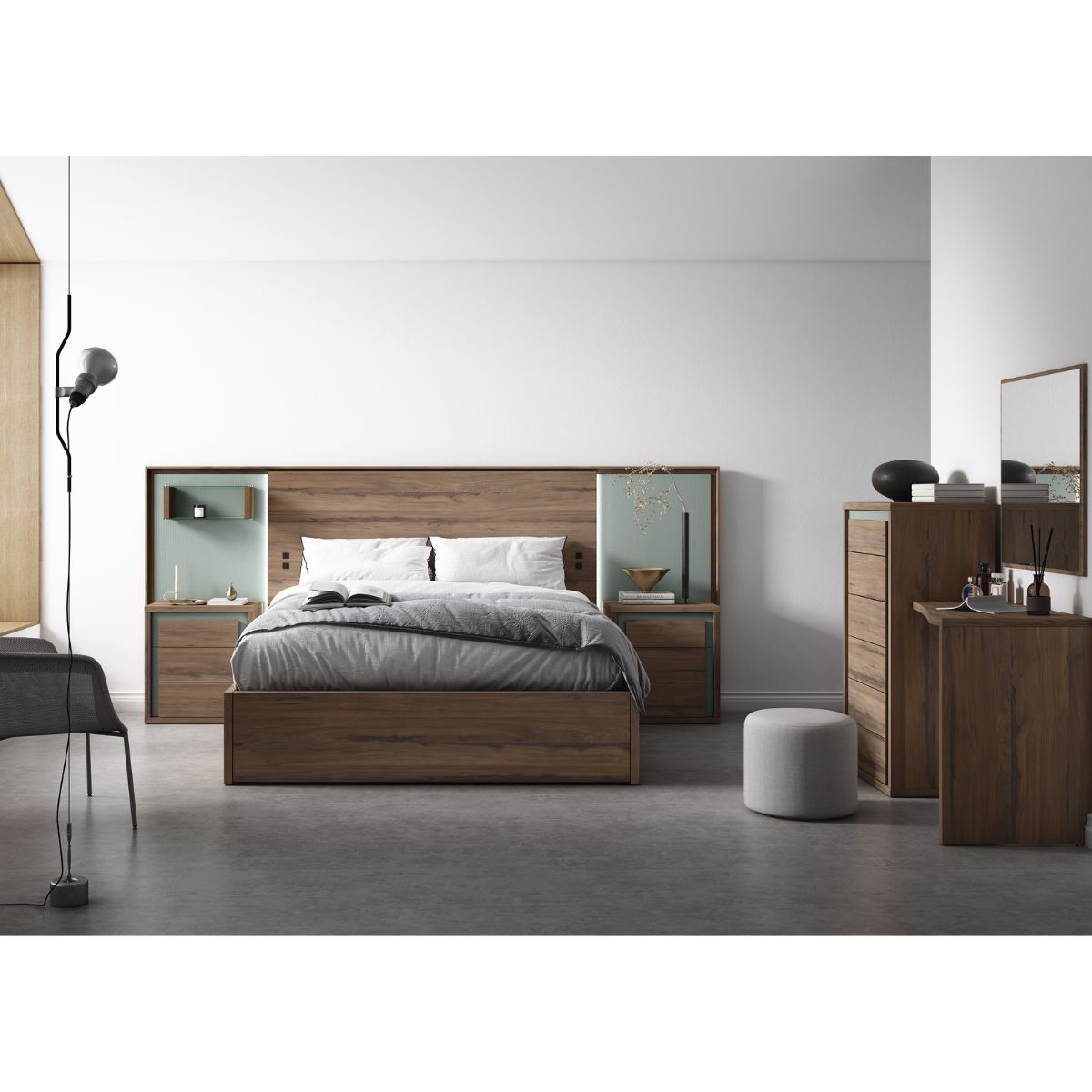 Cabecero y 2 mesitas de 3 cajones con caja de cristal JAIDEN 03