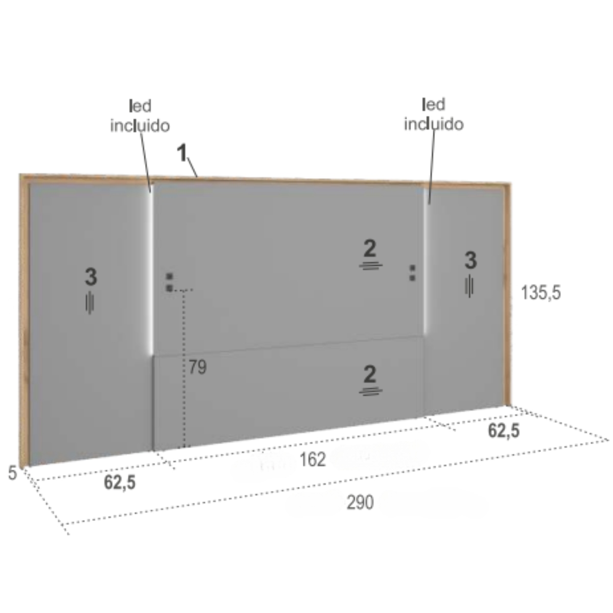 Cabecero y 2 mesitas de 3 cajones con caja de cristal JAIDEN 03