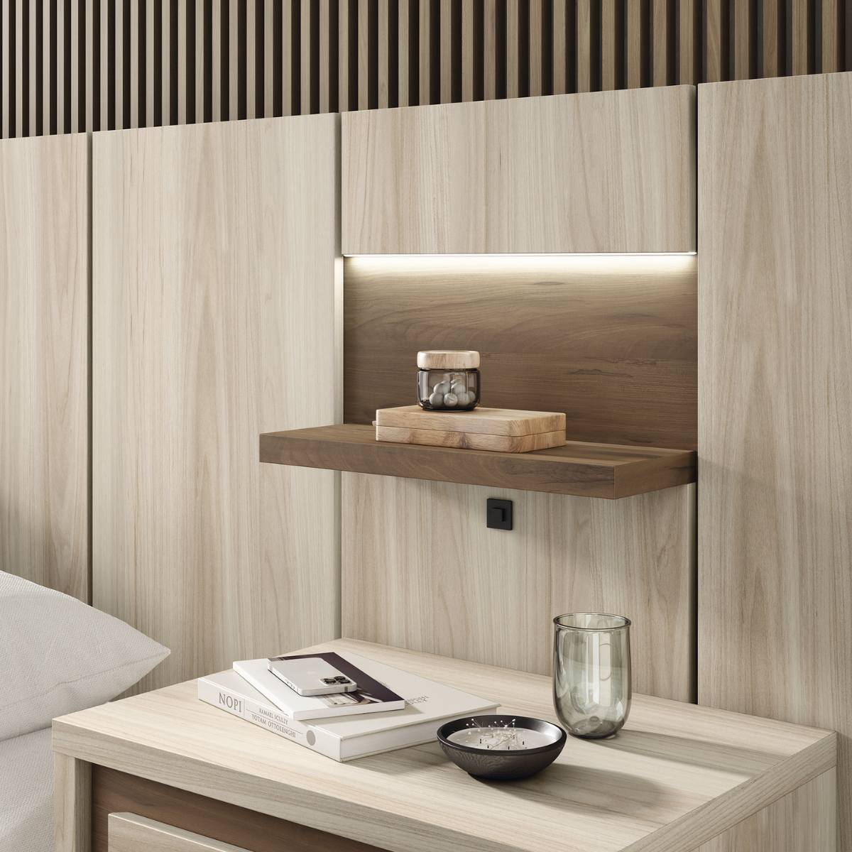 Cabecero, estantes y 2 mesitas JAIDEN 07