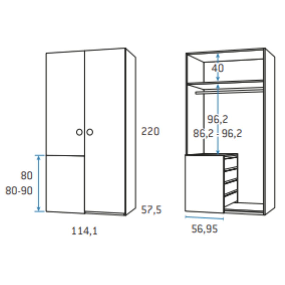 Armario 2 puertas con cajones y barra de colgar DUSER 155