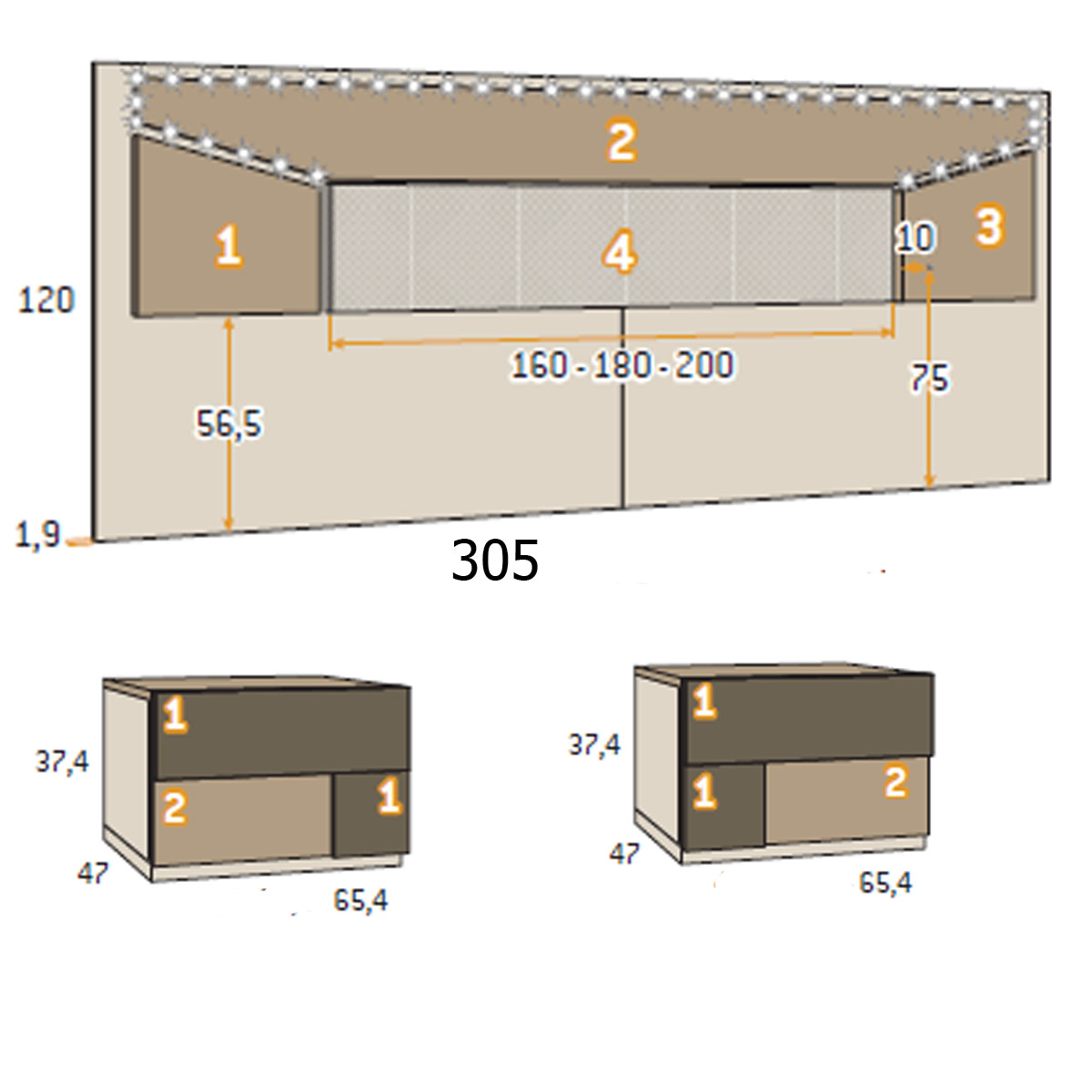 Cabecero +  mesitas de noche VALORE 1