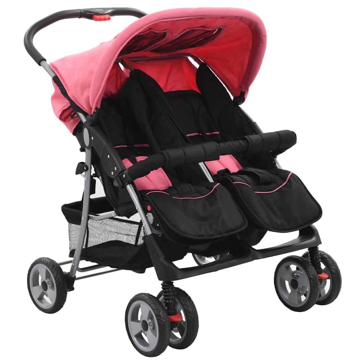 Silla de paseo para gemelos de acero rosa y negro