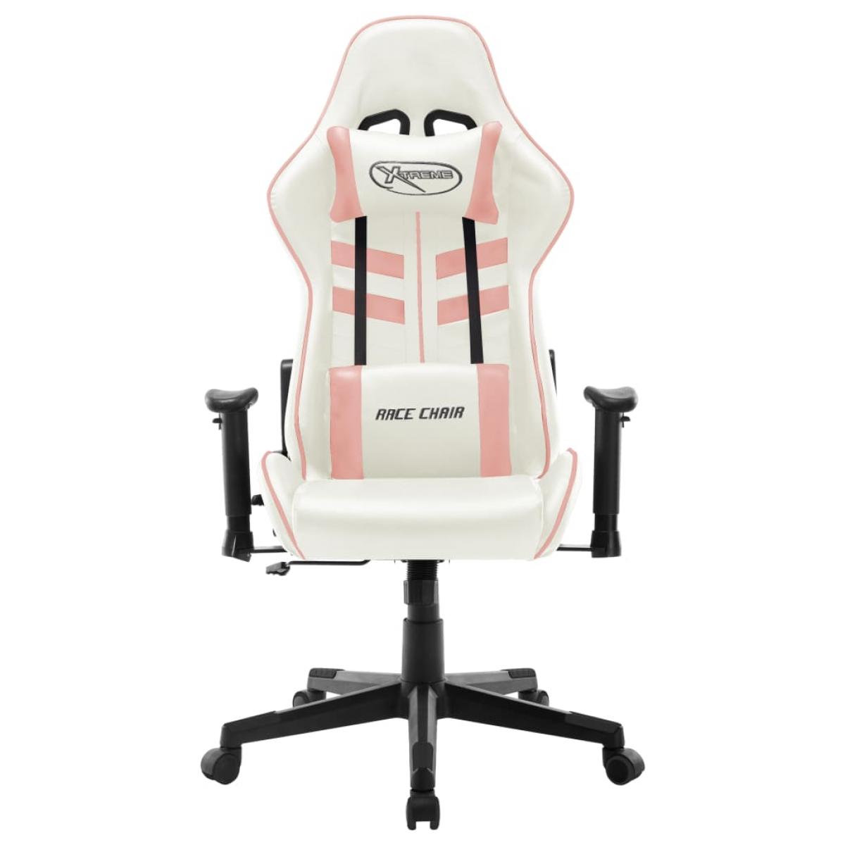 Silla de gaming de cuero sintético blanco y rosa