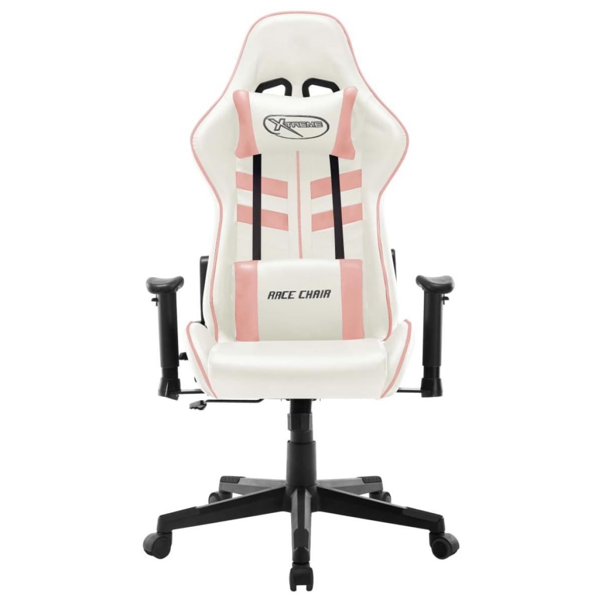 Silla de gaming de cuero sintético blanco y rosa