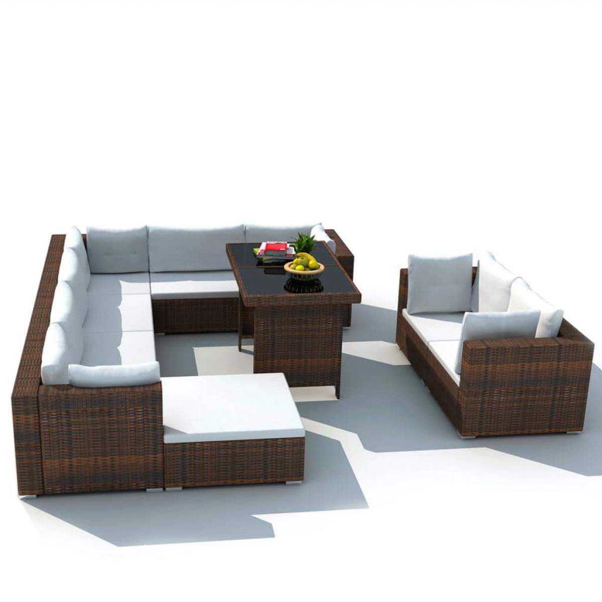 Set muebles de jardín 10 pzas y cojines ratán sintético marrón