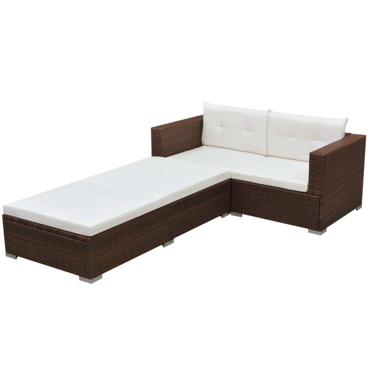 Set muebles de jardín 3 piezas y cojines ratán sintético marrón